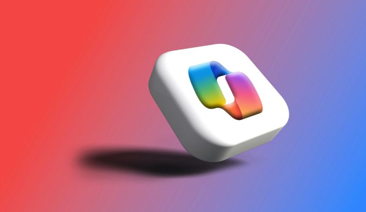 A colorful gradient logo centered on a white rounded square against a red‑to‑blue background.