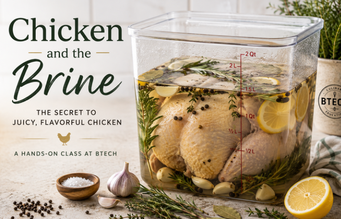 Whole chicken soaking in clear container of brine with lemons and herbs.