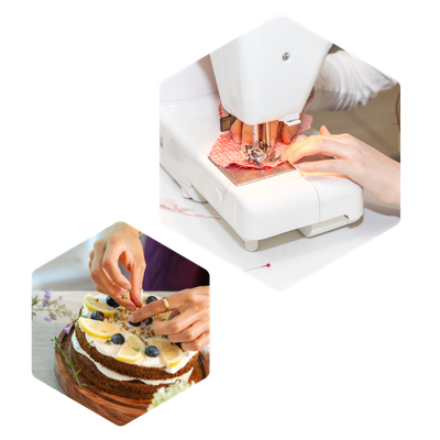 Two hexagon shapes with images inside of cake decorating and a sewing machine.