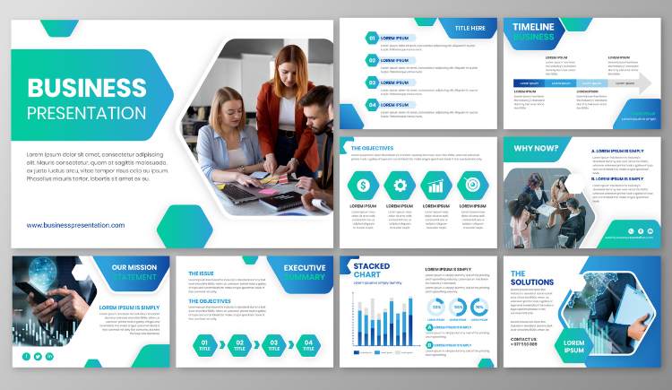 Business presentation template with teal and blue design, including title slide, timeline, objectives, charts, and solution sections.