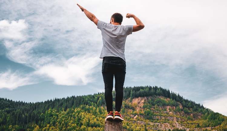 A person standing triumphantly on a rock overlooking a forested mountain landscape.