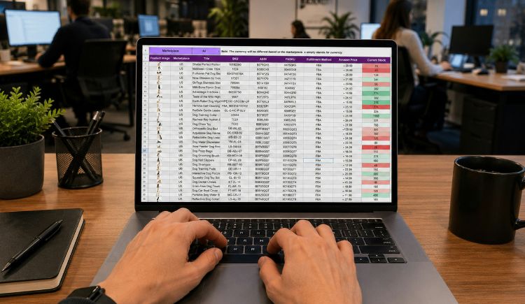 A person working at a desk while reviewing a spreadsheet of product inventory on a laptop in a busy office setting.