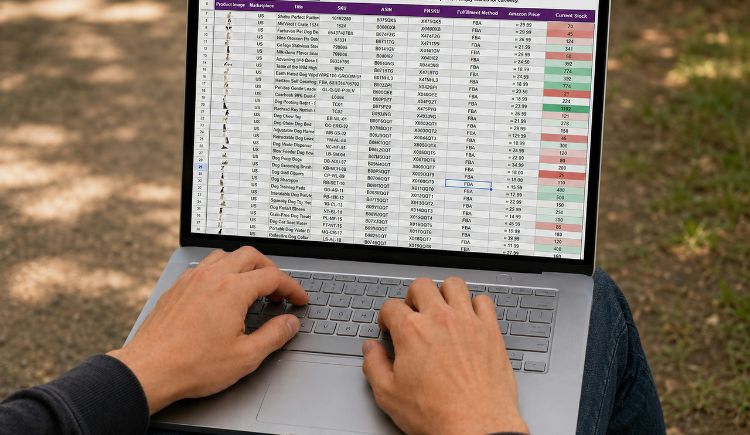 A person using a laptop outdoors, reviewing a spreadsheet of product listings and inventory data.