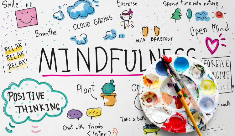 Mindfulness poster with colorful doodles and a paint palette.