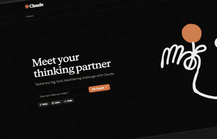 Screenshot of the Claude AI website on a dark background, displaying the headline “Meet your thinking partner” alongside a large abstract logo graphic.