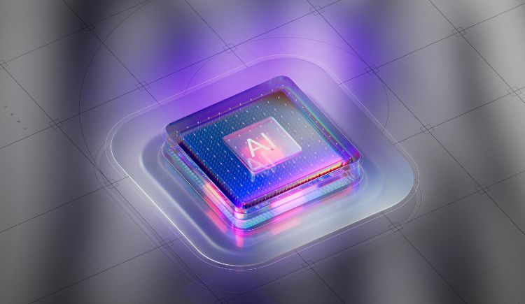 A glowing AI‑labeled computer chip surrounded by neon purple and blue circuitry.